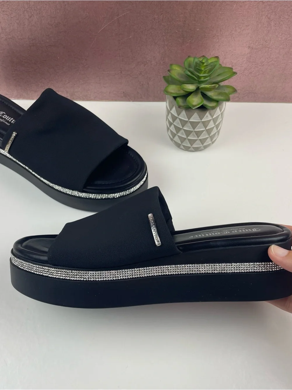 Juicy Couture Tethys Black Silver Rhinestone Platform Sandals Shoes Women 8.5